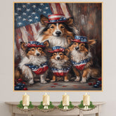Mother Collie Dog and Three Puppies in Patriotic Hats and Flag-Themed Bandanas on Ready to Hang 1.5" Thick Canvas Wrap, Floating Framed Canvas, Flat Rolled Canvas